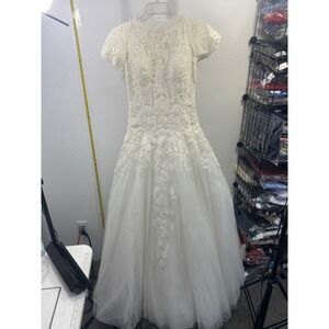 La Sposa Lace Tulle Wedding Dress Short‎ Sleeve Ivory Size 8 US 40 EU